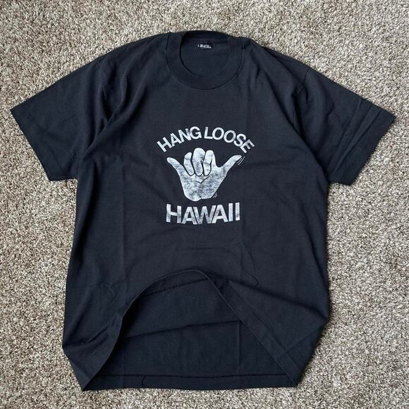 Vintage 90s Hawaii Hang Loose Surf Shaka Black Faded Tee - Picture 1 of 6